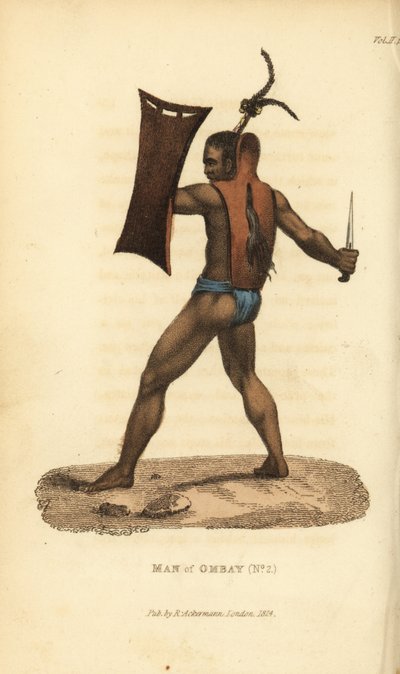 Krieger von Ombai mit Rüstung, Schild und Kris. Handkolorierter Kupferstich nach einer Illustration von Jacques Arago aus Frederic Shoberl