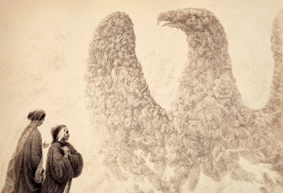 Innerhalb der Sphäre des Jupiters sieht Dante die seligen Geister, die sich in Form eines Adlers, Symbol des Reiches, anordnen. Illustration von Canto XVIII in Paradiso der Göttlichen Komödie von Dante Alighieri. Werk von Francesco Scaramuzza, gewidmet der von Unbekannter Künstler