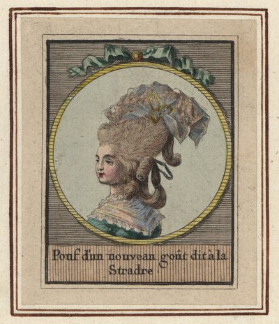 Frau in einem neuen Stil von Pouf namens Stradre. Pouf mit einem neuen Geschmack namens Stradre. Handkolorierter Kupferstich von einem unbekannten Künstler aus einem Album modischer Frisuren von 1783, Suite des Coeffures à la Mode en 1783, Enauts et Rapill von Unbekannter Künstler