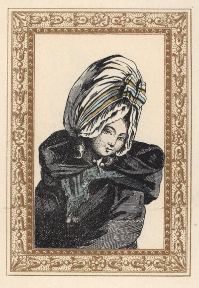 Frau in einem Nachtumhang und großem Voluptuese-Hut. Nachtfrisur, hat die Voluptuöse. Handkolorierte Lithographie von de Laubadere aus Octave Uzane