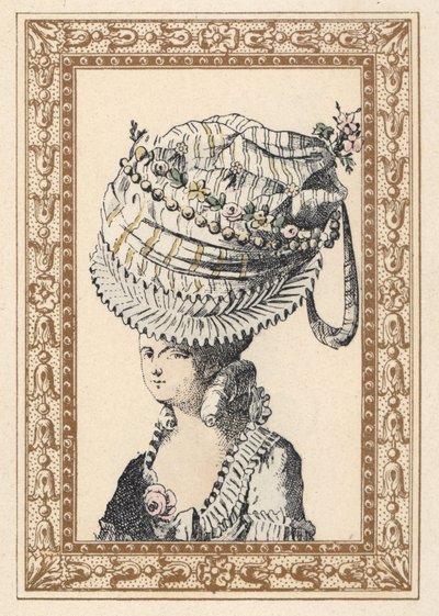 Frau mit einem riesigen Hut namens Glück des Jahrhunderts. Handkolorierte Lithographie von de Laubadere aus Octave Uzane