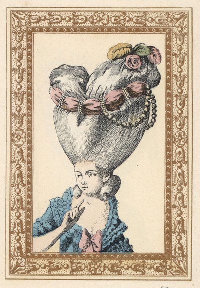 Frau mit hochgestecktem Haar über einem Pouf (Stütze) und dekoriert mit Blumen, Perlen und einem Band, genannt der Floh. Der Pouf hat die Chia von Unbekannter Künstler