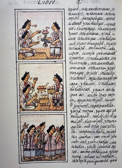 Frauen bereiten Festmahl vor, Buch IV des Florentiner Kodex, zweisprachige Version in Spanisch und Nahuatl, Allgemeine Geschichte der Dinge von Neuspanien (Historia general de las cosas de Nueva Espana), Aztekische Zivilisation von William M. Timlin