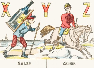 X Y Z : Xeres, Zephir - ein Junge trägt eine große Weinflasche auf dem Rücken und ein Reiter galoppiert auf seinem Pferd namens Zephyr - Spiele-Alphabet, um 1890 (Gravur) von Unbekannt