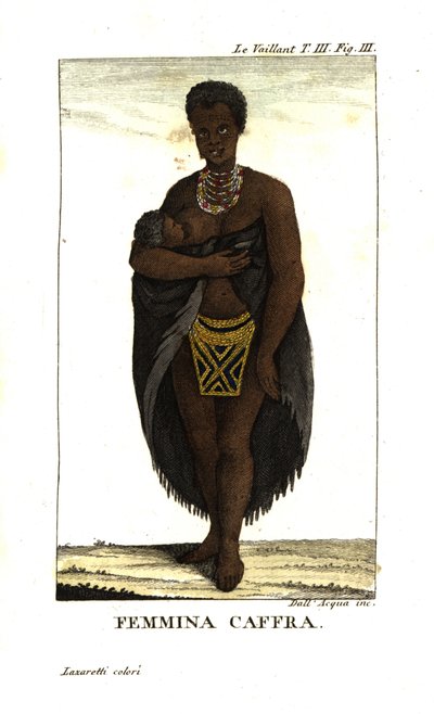 Junge San-Frau, die ein Kind stillt, Südafrika. Sie trägt einen Umhang, Halsketten und einen Perlenrock. Von Francois Le Vaillant von Unbekannter Künstler