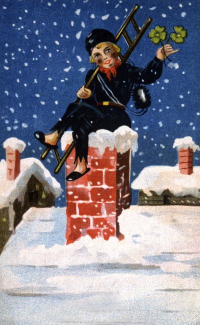 Junger Schornsteinfeger mit Kleeblatt für Glück, um 1920 (Illustration) von Unbekannter Künstler