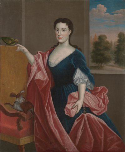 Eine Dame aus dem Hudson Valley mit Hund und Papagei von Unknown