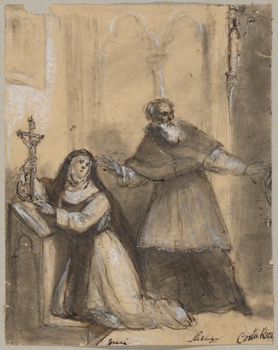 Eine Nonne und ein Mönch in einer Kapelle von Unknown