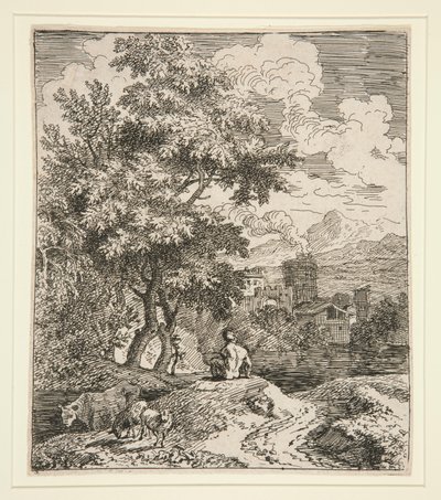 Ein Hirte, zwei Schafe und eine Kuh in einer Landschaft von Unknown
