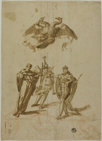 Allegorisches Thema: Zweiköpfiger kaiserlicher Adler auf Wolken; Am Boden eine drapierte Figur, ein König und eine Figur des Ruhms von Unknown