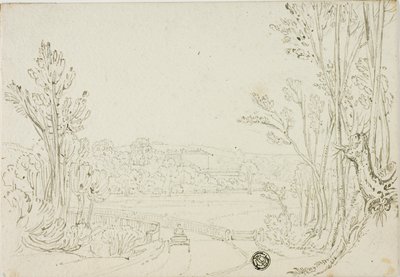 Karren über Brücke zwischen Bäumen; Villa in der Ferne von Unknown
