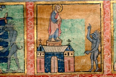 Detail aus einem Psalter, Versuchung Christi, wahrscheinlich in Canterbury illuminiert, um 1140 von Unknown