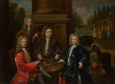 Elihu Yale sitzt am Tisch mit dem zweiten Herzog von Devonshire und Lord James Cavendish von Unknown