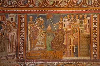 Kaiser Konstantin überreicht Papst Silvester seine kaiserliche Tiara und gibt ihm die Herrschaft über Rom, Westwand der Kapelle San Silvestro, 1246 von Unknown