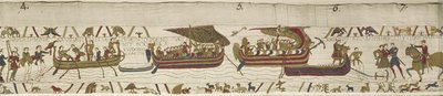 Harold überquert den Kanal in das Gebiet von Guy, Graf von Ponthieu, wo er gefangen genommen wird, Bayeux-Tapete von Unknown