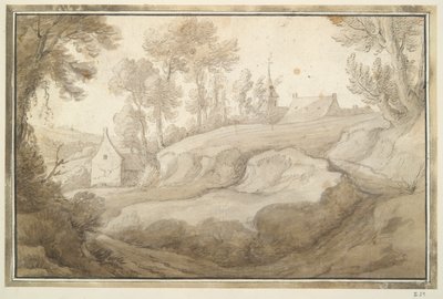 Hügelige Landschaft mit Haus und Kirche in mittlerer Entfernung von Unknown