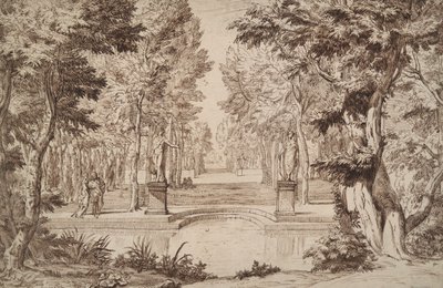 Imaginäre Ansicht eines Parks mit Statuen und Paaren von Unknown
