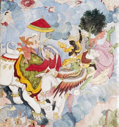 Krishna auf dem Vogelgott Garuda kämpft gegen Indra auf einem Elefanten, Harivamsa-Manuskript, um 1590 von Unknown