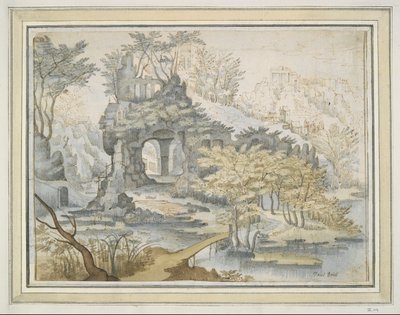Landschaft mit Gebäuden auf einem Torbogen in Felsen von Unknown