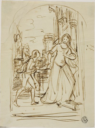 Literarische Illustration: Mittelalterliche Dame mit Page (recto); Skizzen von Figuren (verso) von Unknown