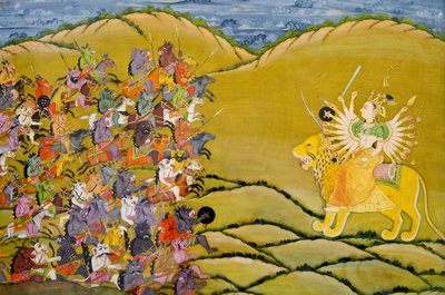 Marwar-Malerei: Die Dämonen bereiten sich auf den Kampf gegen die Göttin Durga vor, Mehrangarh Fort Palastmuseum, Jodhpur, Rajasthan, Indien von Unknown