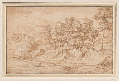 Gebirgige Landschaft mit Häusern links und Bäumen rechts von Unknown