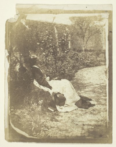 Mrs. Craik liegend im Garten mit Hut und Buch von Unknown