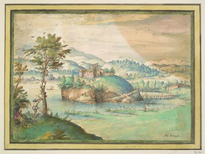 Flusslandschaft mit Mann, der auf einen Baum klettert von Unknown