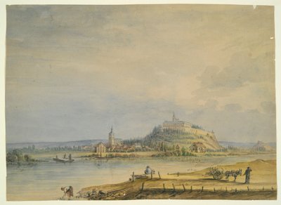 Flusslandschaft mit Stadt, Burg auf dem Hügel und arbeitenden Bauern von Unknown