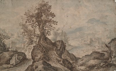 Felsige Landschaft mit Städten in der Ferne von Unknown