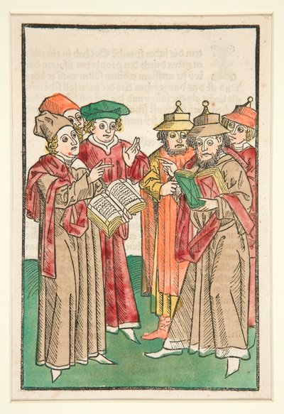 Drei christliche und drei jüdische Gelehrte im Streit, Illustration aus Der Seelen-Wurzgarten von Unknown