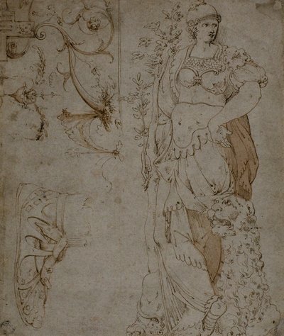 Drei Skizzen: Tapferkeit, eine Sandale und Grotesken (recto); Skizzen von Grotesken und römischer Kürass (verso) von Unknown