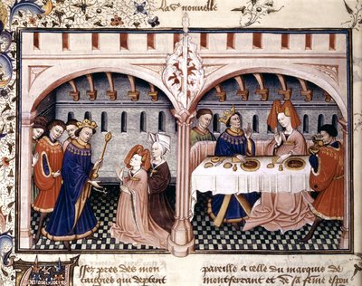 6. Kurzgeschichte: Giovanna beim Mittagessen mit Federigo Alberighi, eine Beleuchtung aus Boccaccios Decameron (1432) von Unknown artist