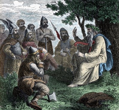 Ein Barde rezitiert vor Nordmännern - Wikingerzivilisation: Ein Barde Druide rezitiert Poesie für Krieger, 8.-9. Jahrhundert von Unknown artist