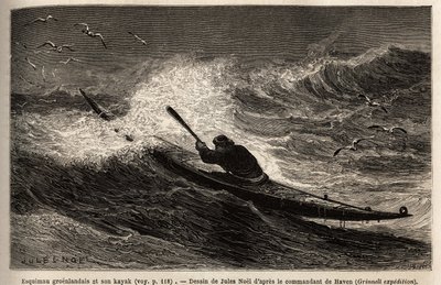 Ein grönländisches Kajak, das die Wellenbarriere passiert. Gravur zur Illustration der Reise zum freien Meer des arktischen Pols, von Doktor Hayes, Chirurg der US-Marine, 1860-1862, veröffentlicht in „Le tour du monde, nouveau journal des voyages“, herausg von Unknown artist