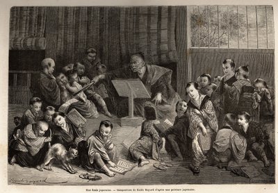 Eine japanische Schule, zur Unterweisung junger Jungen, die um ihren Lehrer hocken, lernen sie durch Rezitationsübungen die Elemente des Alphabets und der Grammatik. Gravur zur Illustration der Reise nach Japan in den Jahren 1863-1864 von Aime Humbert, Min von Unknown artist