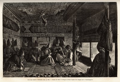 Eine tatarische Schule in Schuscha (Transkaukasien, Russland), der Unterricht wird den Jungen vom Mullah erteilt und besteht ausschließlich aus Lesen und Schreiben sowie Kommentaren zu den Versen des Korans. Illustration der Reise in die Provinzen des Ka von Unknown artist