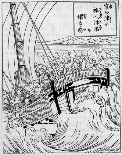 Eine Hintergrundwelle, die durch ein Erdbeben verursacht wurde. Faksimile einer Gravur aus einem japanischen Werk über Erdbeben. Gravur in „La Nature: revue des sciences et de leurs applications aux arts et a l