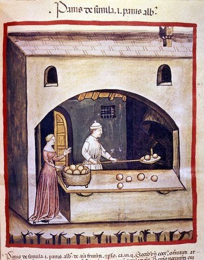 Ein Bäcker bereitet Weißbrot und Grießbrot zu. Illumination aus der Milking of Medicine and Dietetics „Tacuinum sanitatis“ von Unknown artist