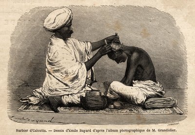 Ein Barbier arbeitet auf den Straßen von Kalkutta. Gravur zur Illustration der Reise in die südlichen Provinzen Indiens, von Alfred Grandidier, 1862-1864, veröffentlicht in „Le tour du monde“, herausgegeben von Edouard Charton, Edition Hachette, Paris von Unknown artist