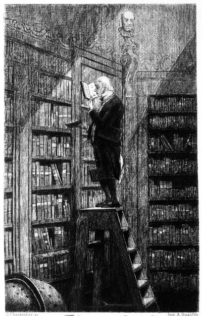 Ein Bibliothekar auf seiner Leiter, der Bücher auf Regalen untersucht. Gravur des 19. Jahrhunderts von Unknown artist