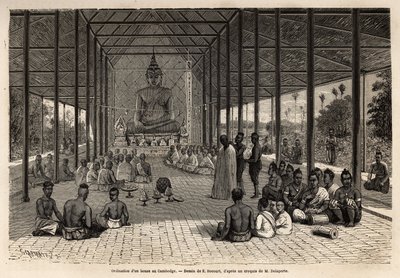 Eine Bonzen-Ordinationszeremonie in einem Tempel in der Nähe von Angkor, Kambodscha. Gravur zur Illustration der Entdeckungsreise in Indochina, von Francis Garnier, Leutnant de Vaissseau, 1866-1868, veröffentlicht in „Le tour du monde“ 1870-1871, herausgeg von Unknown artist