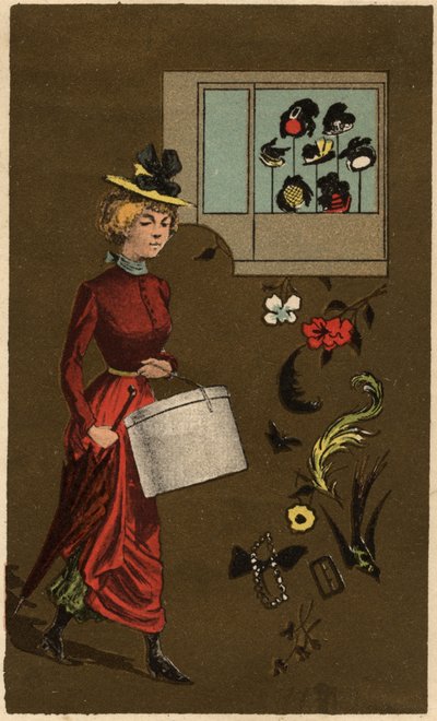 Eine bürgerliche Frau mit Hutschachtel, anonyme Chromolithografie, Ende des 19. Jahrhunderts. von Unknown artist