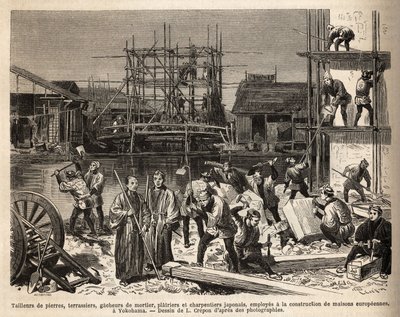 Eine Baustelle für ein europäisches Haus in Edo (Tokio) mit Steinschneidern, Erdarbeitern, Mörtelmischern, Pflastern und Zimmerleuten. Gravur zur Illustration der Reise nach Japan, von Aime Humbert, Minister der Schweizerischen Eidgenossenschaft, veröffent von Unknown artist