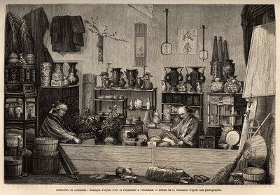 Ein Kuriositätenladen in Yokohama. Gravur zur Illustration der Reise nach Japan, von Aime Humbert, Minister der Schweizerischen Eidgenossenschaft, 1863-1864, veröffentlicht in "Le tour du monde" 1869, herausgegeben von Edouard Charton, Edition Hachette, Pa von Unknown artist