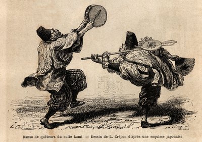 Ein Tanz der Konferei des Kami-Kults, mit Rezitation von Litaneien und unerwarteten choreografischen Figuren. Gravur zur Illustration der Reise nach Japan, von Aimé Humbert, Minister der Schweizerischen Eidgenossenschaft, 1863-1864, veröffentlicht in „Le t von Unknown artist