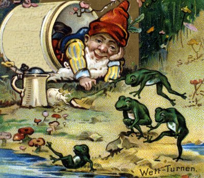 Ein Zwerg oder Kobold spielt mit Fröschen. Chromolithographie aus dem 19. Jahrhundert von Unknown artist