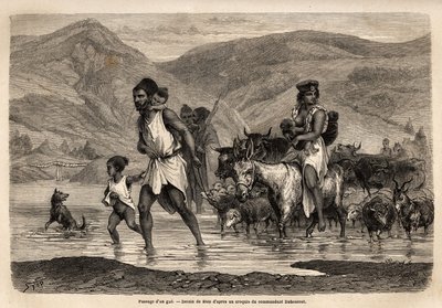 Eine Familie von Kabyle-Hirten überquert den Wadi Djema, um zum Beni Menguellet-Markt zu gehen, dem wichtigsten in der Region; das Familienoberhaupt wagt sich zuerst, gefolgt von seiner Familie und seiner Herde, zuerst die Schafe und danach der Großteil de von Unknown artist