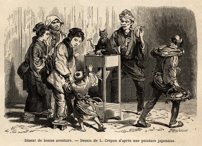 Eine Wahrsagerin auf den Straßen von Edo (heute Tokio). Gravur zur Illustration der Reise nach Japan, von Aime Humbert, Minister der Schweizerischen Eidgenossenschaft, 1863-1864, veröffentlicht in „Le tour du monde“, unter der Leitung von Edouard Charton,  von Unknown artist