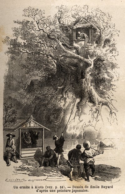 Ein Einsiedler in Kyoto (oder Kioto), isoliert in einer Hütte, die in den Ästen eines Baumes auf einer kleinen Insel liegt. Der Einsiedler kann nur auf die Großzügigkeit der Bewohner der Region zählen, die ihm seine Nahrung liefern; gegenüber seinem Baum e von Unknown artist